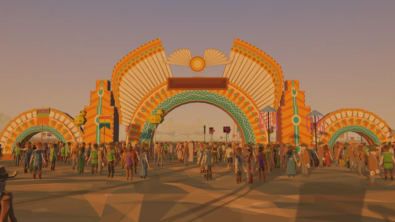 Festival-goers walking through a huge ornate entrance arch at golden hour